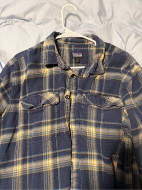 Patagonia Navy and Yellow Plaid Flannel Shirt